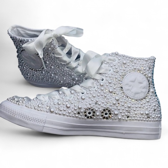 Crystal Diamond & Pearls High Top Converse Sizes 5-14 New With Ribbon Laces - Picture 2 of 15